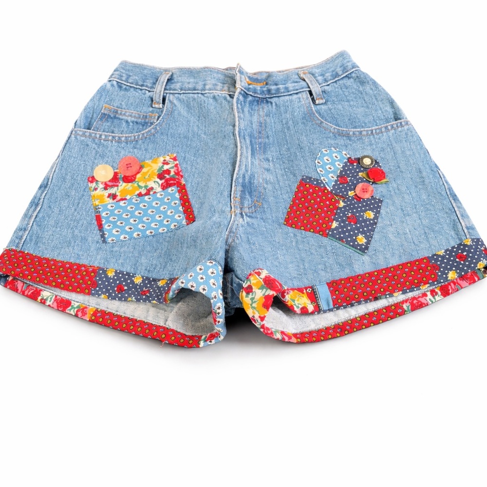 Vintage 90s SEAL Patchwork Denim Shorts USA Made Size 3/4 Cottagecore